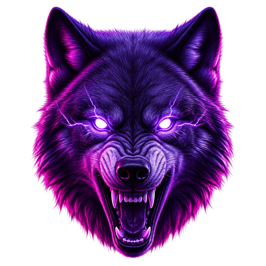 Logo: cabeça de lobo em neon roxo e magenta